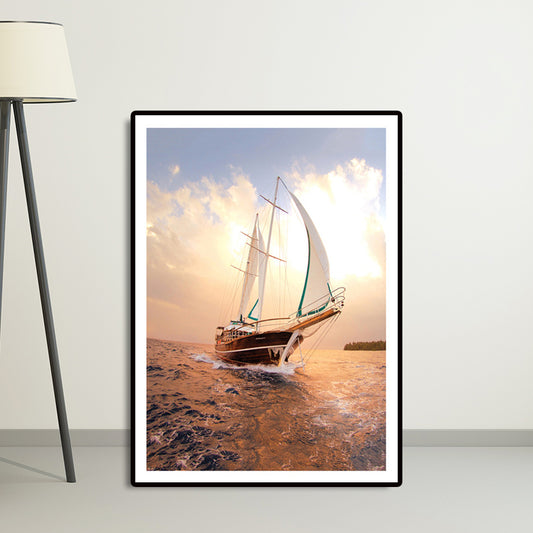 Sailing Vessel Wall Art Tropical Stunning Seascape Canvas Print in Gold for Bedroom Gold Clearhalo 'Art Gallery' 'Canvas Art' 'Coastal Art Gallery' 'Nautical' Arts' 1657619
