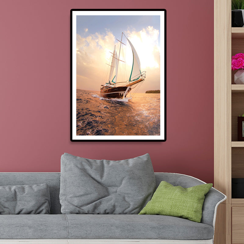 Sailing Vessel Wall Art Tropical Stunning Seascape Canvas Print in Gold for Bedroom Clearhalo 'Art Gallery' 'Canvas Art' 'Coastal Art Gallery' 'Nautical' Arts' 1657621