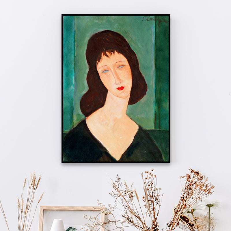 Textured Woman Portrait Wall Art Print Traditional Canvas Painting in Black and Green Black Clearhalo 'Art Gallery' 'Canvas Art' 'Traditional' Arts' 1657644