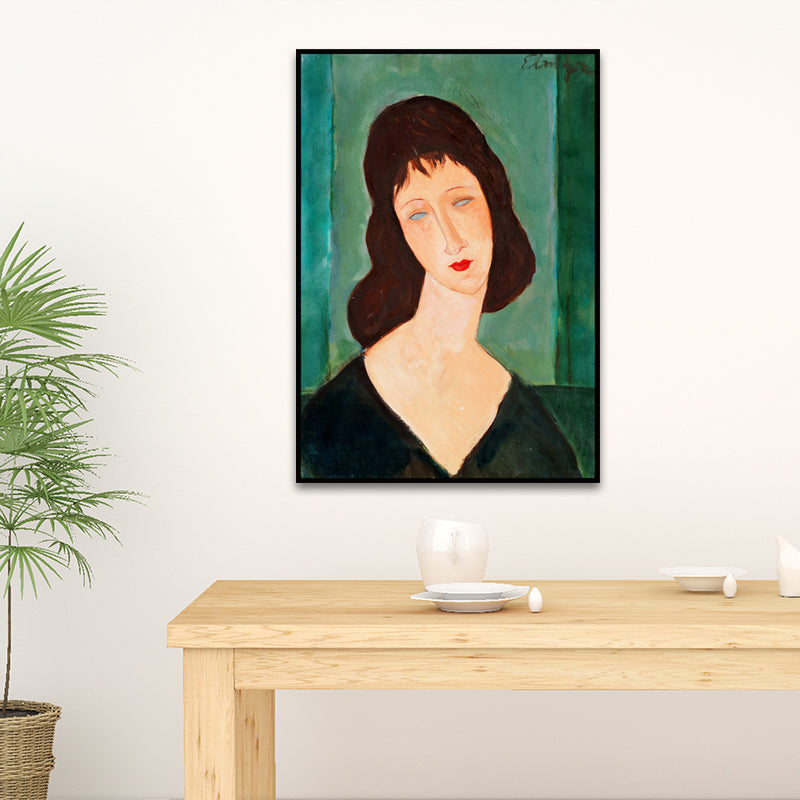 Textured Woman Portrait Wall Art Print Traditional Canvas Painting in Black and Green Clearhalo 'Art Gallery' 'Canvas Art' 'Traditional' Arts' 1657646