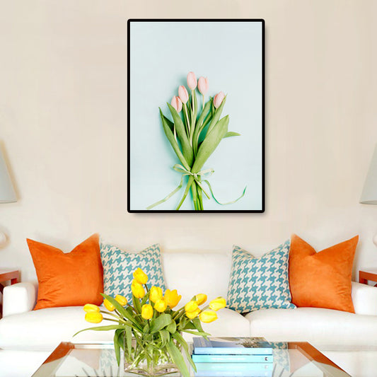 Plant Bouquet Art Print Nordic Canvas Wall Decor in Pastel Color, Textured Surface Pink