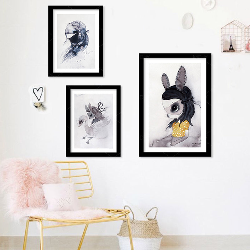 Black Cartoon Canvas Art Bunny Girl Painting Wall Decor for Girls Bedroom, Textured Black One Set Clearhalo 'Art Gallery' 'Canvas Art' 'Kids' Arts' 1657680