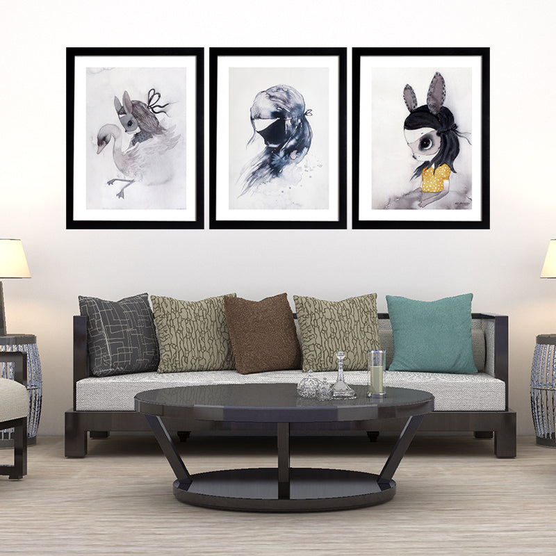 Black Cartoon Canvas Art Bunny Girl Painting Wall Decor for Girls Bedroom, Textured Clearhalo 'Art Gallery' 'Canvas Art' 'Kids' Arts' 1657681