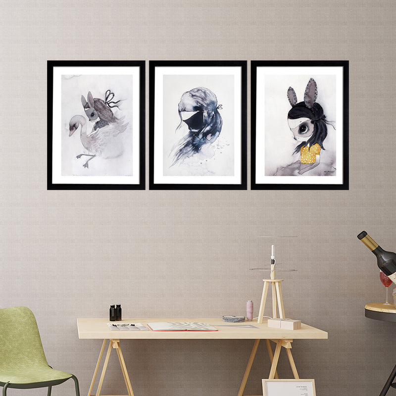 Black Cartoon Canvas Art Bunny Girl Painting Wall Decor for Girls Bedroom, Textured Clearhalo 'Art Gallery' 'Canvas Art' 'Kids' Arts' 1657682