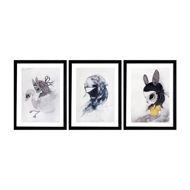 Black Cartoon Canvas Art Bunny Girl Painting Wall Decor for Girls Bedroom, Textured Clearhalo 'Art Gallery' 'Canvas Art' 'Kids' Arts' 1657683