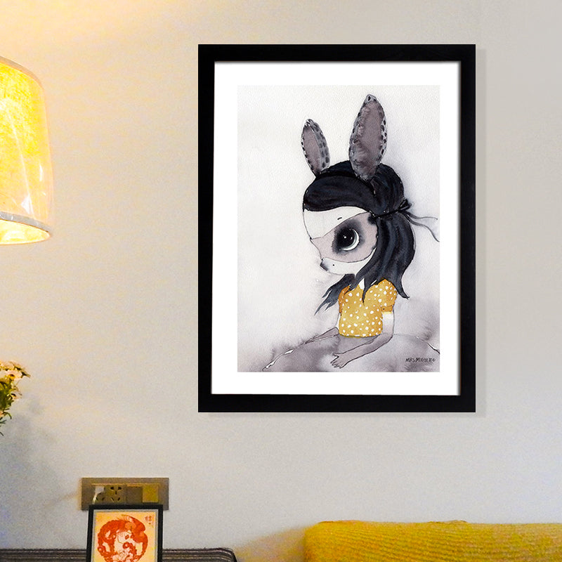Black Cartoon Canvas Art Bunny Girl Painting Wall Decor for Girls Bedroom, Textured Black Design 3 Clearhalo 'Art Gallery' 'Canvas Art' 'Kids' Arts' 1657687