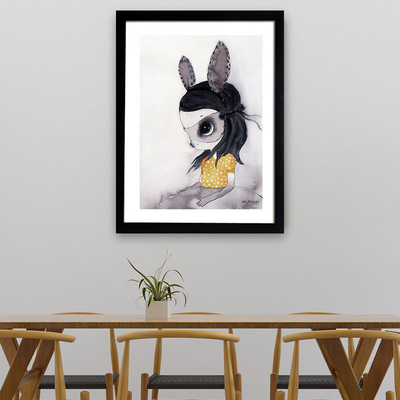 Black Cartoon Canvas Art Bunny Girl Painting Wall Decor for Girls Bedroom, Textured Clearhalo 'Art Gallery' 'Canvas Art' 'Kids' Arts' 1657688