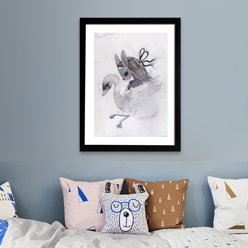 Black Cartoon Canvas Art Bunny Girl Painting Wall Decor for Girls Bedroom, Textured Clearhalo 'Art Gallery' 'Canvas Art' 'Kids' Arts' 1657697