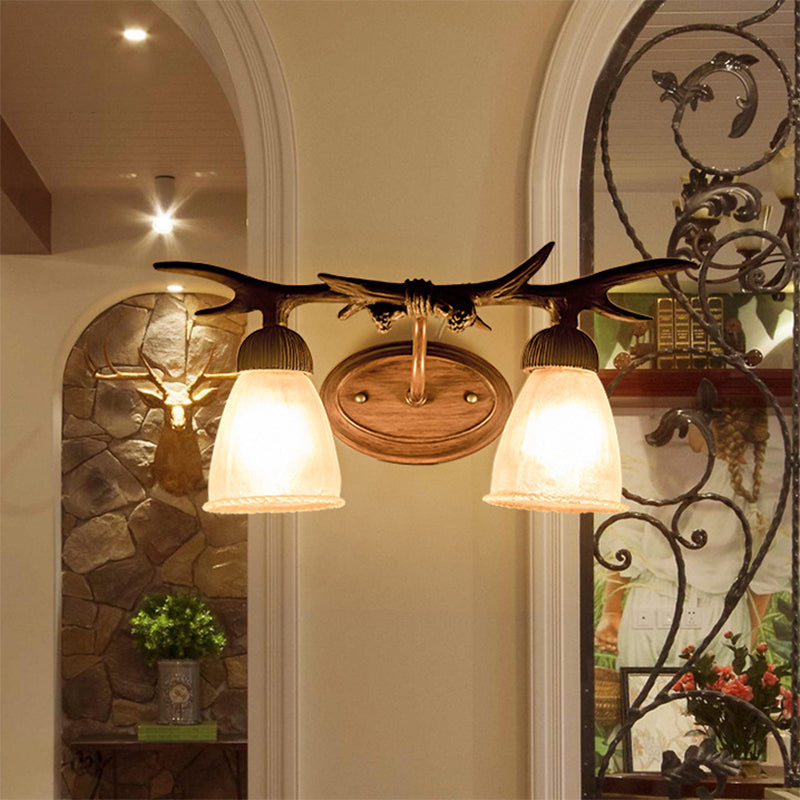 Lodge Style Bell Wall Lighting with Deer Horn Amber Glass 2 Lights Sconce Lamp Amber Clearhalo 'Industrial wall lights' 'Industrial' 'Middle century wall lights' 'Rustic wall lights' 'Tiffany' 'Wall Lamps & Sconces' 'Wall Lights' Lighting' 165775