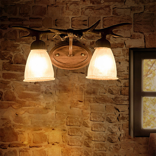 Lodge Style Bell Wall Lighting with Deer Horn Amber Glass 2 Lights Sconce Lamp Clearhalo 'Industrial wall lights' 'Industrial' 'Middle century wall lights' 'Rustic wall lights' 'Tiffany' 'Wall Lamps & Sconces' 'Wall Lights' Lighting' 165776
