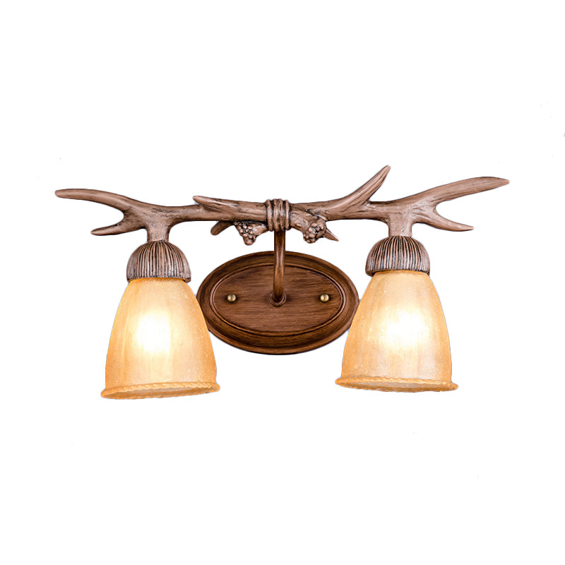 Lodge Style Bell Wall Lighting with Deer Horn Amber Glass 2 Lights Sconce Lamp Clearhalo 'Industrial wall lights' 'Industrial' 'Middle century wall lights' 'Rustic wall lights' 'Tiffany' 'Wall Lamps & Sconces' 'Wall Lights' Lighting' 165777