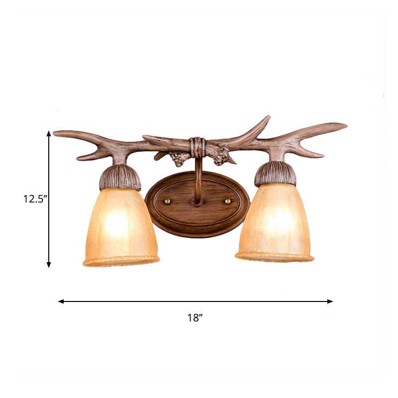 Lodge Style Bell Wall Lighting with Deer Horn Amber Glass 2 Lights Sconce Lamp Clearhalo 'Industrial wall lights' 'Industrial' 'Middle century wall lights' 'Rustic wall lights' 'Tiffany' 'Wall Lamps & Sconces' 'Wall Lights' Lighting' 165778