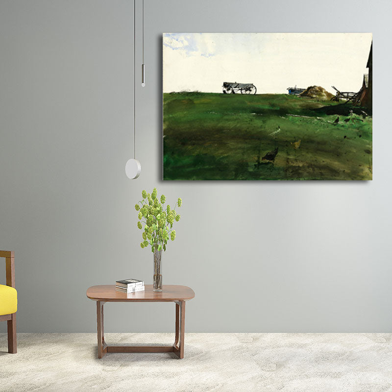 Rust Grassland Scenery Painting Dark Color Textured Wall Art Print for Living Room Green Clearhalo 'Art Gallery' 'Canvas Art' 'Country Art Gallery' 'French Country' 'Rustic' Arts' 1657886