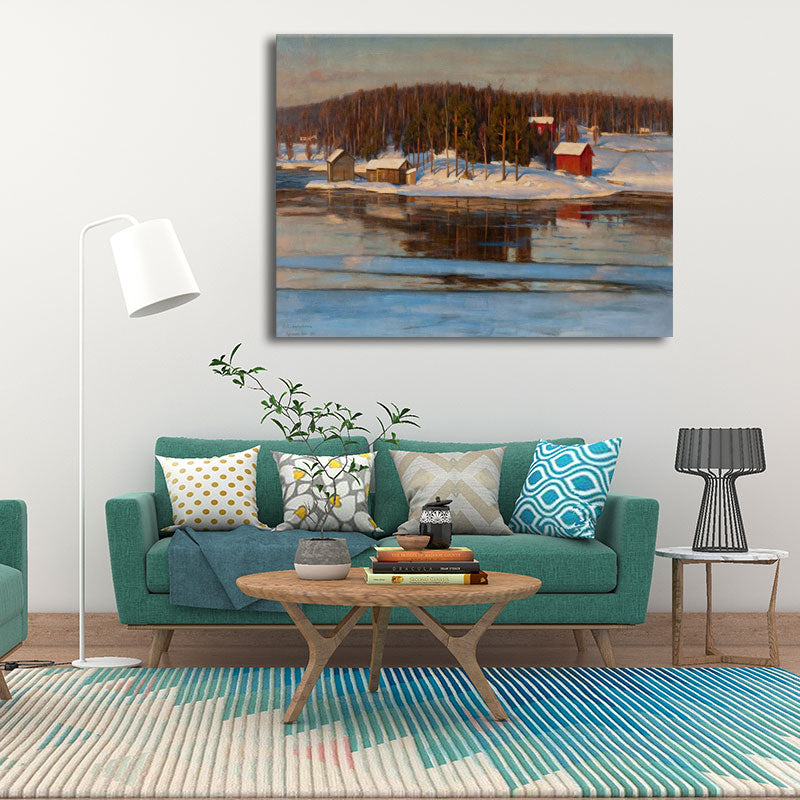 White Farmhouse Art Print Riverside Houses with Snow Melting Scenery Painting for Room Clearhalo 'Art Gallery' 'Canvas Art' 'Country Art Gallery' 'French Country' 'Rustic' Arts' 1657913