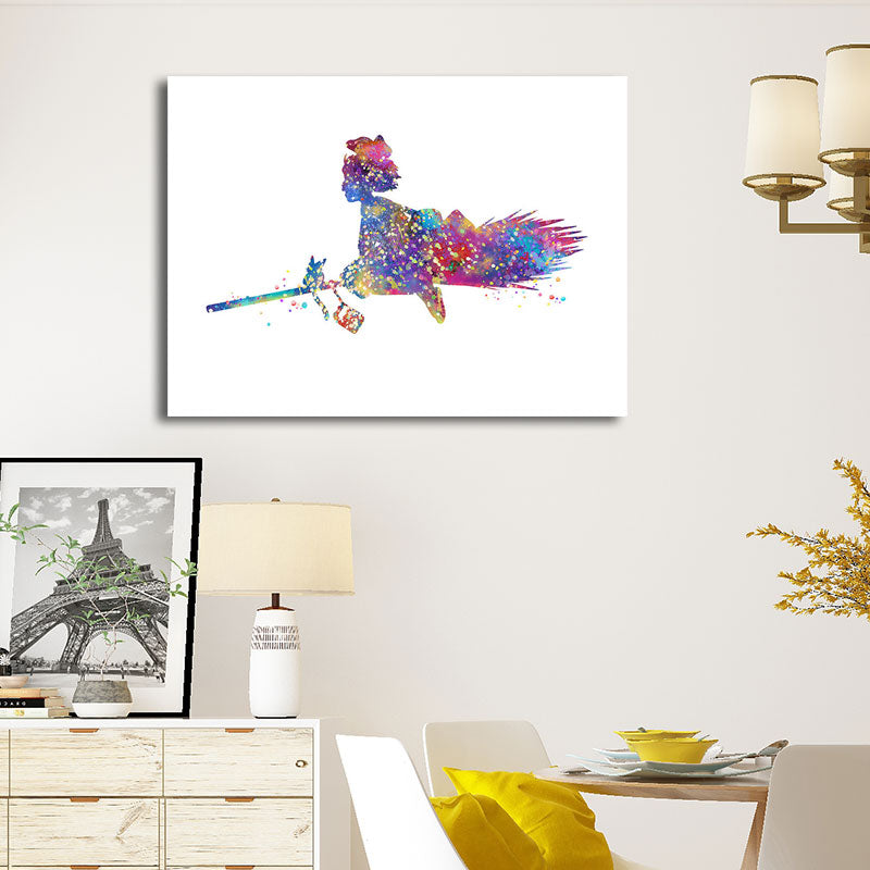 Purple Witch and Mop Canvas Textured Surface Cartoon Sitting Room Wall Art Clearhalo 'Art Gallery' 'Canvas Art' 'Kids' Arts' 1657941