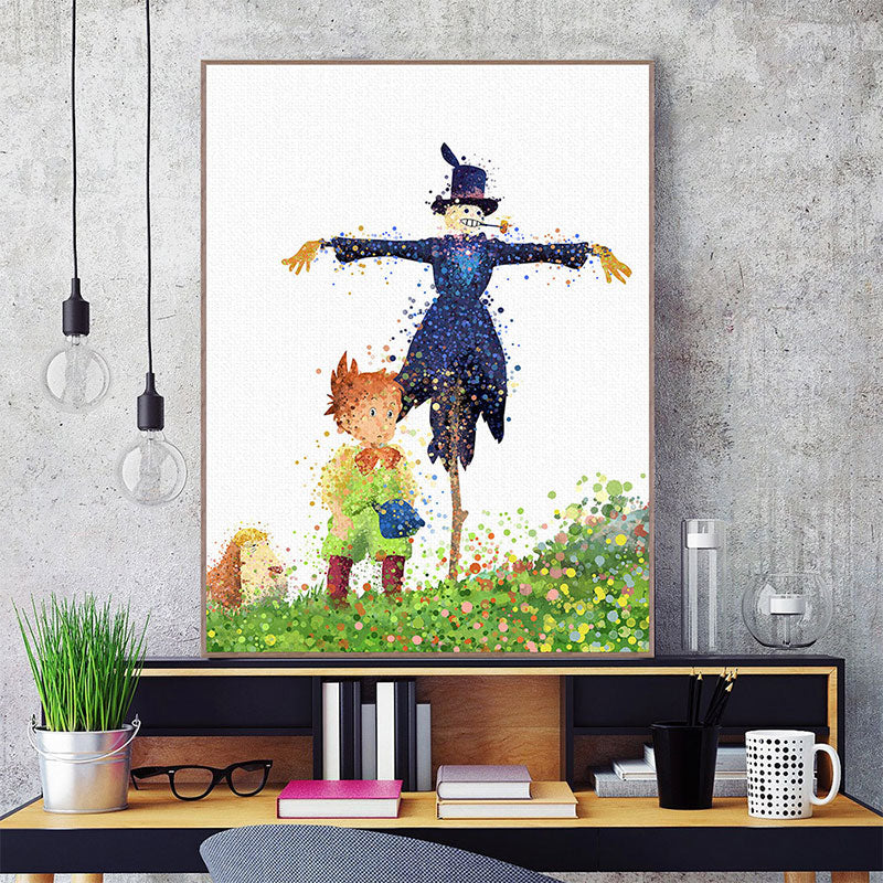 Boy and Strawman Wall Decor Childrens Art Textured Kids Bedroom Canvas Print in Green Green Clearhalo 'Art Gallery' 'Canvas Art' 'Kids' Arts' 1657954