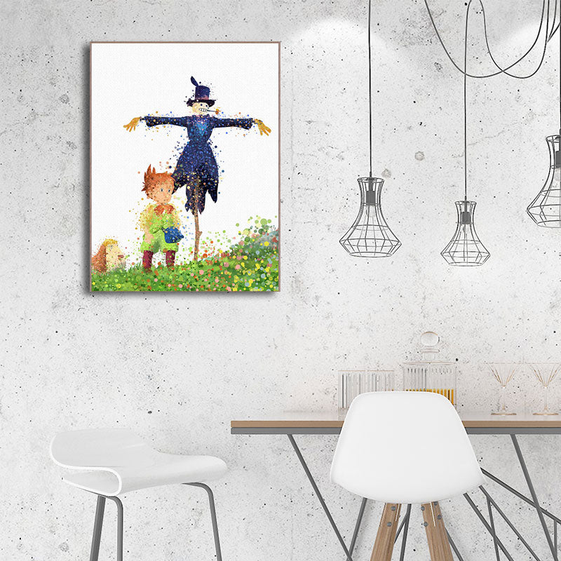 Boy and Strawman Wall Decor Childrens Art Textured Kids Bedroom Canvas Print in Green Clearhalo 'Art Gallery' 'Canvas Art' 'Kids' Arts' 1657955
