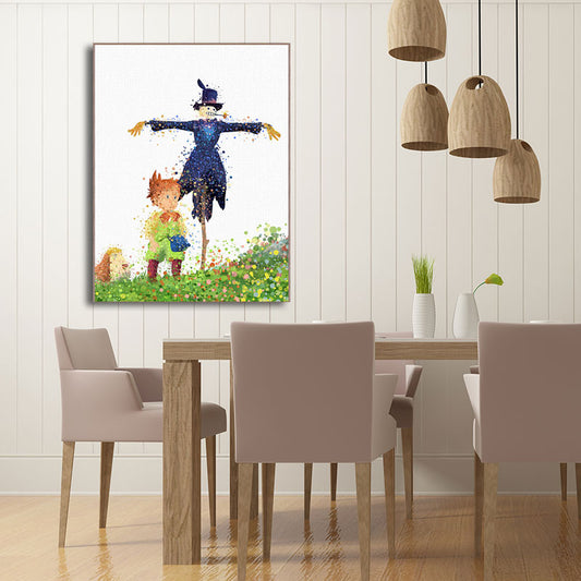 Boy and Strawman Wall Decor Childrens Art Textured Kids Bedroom Canvas Print in Green Clearhalo 'Art Gallery' 'Canvas Art' 'Kids' Arts' 1657956