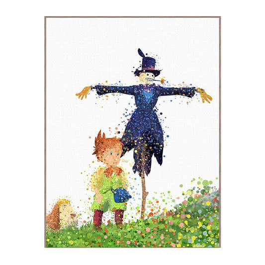 Boy and Strawman Wall Decor Childrens Art Textured Kids Bedroom Canvas Print in Green Clearhalo 'Art Gallery' 'Canvas Art' 'Kids' Arts' 1657957