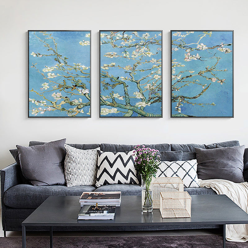 Blossoming Plum Branches Canvas Textured Country Living Room Wall Art Print in Blue Clearhalo 'Art Gallery' 'Canvas Art' 'Country Art Gallery' 'French Country' 'Rustic' Arts' 1657968