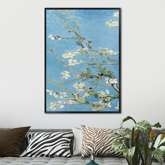 Blossoming Plum Branches Canvas Textured Country Living Room Wall Art Print in Blue Blue Design 1 Clearhalo 'Art Gallery' 'Canvas Art' 'Country Art Gallery' 'French Country' 'Rustic' Arts' 1657969