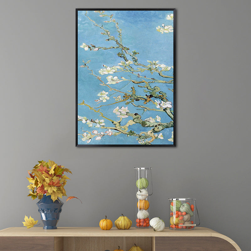 Blossoming Plum Branches Canvas Textured Country Living Room Wall Art Print in Blue Clearhalo 'Art Gallery' 'Canvas Art' 'Country Art Gallery' 'French Country' 'Rustic' Arts' 1657970