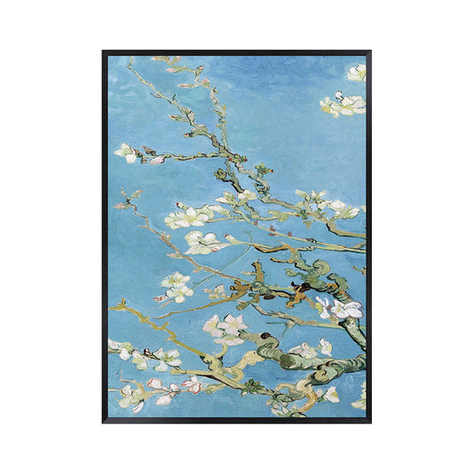 Blossoming Plum Branches Canvas Textured Country Living Room Wall Art Print in Blue Clearhalo 'Art Gallery' 'Canvas Art' 'Country Art Gallery' 'French Country' 'Rustic' Arts' 1657971
