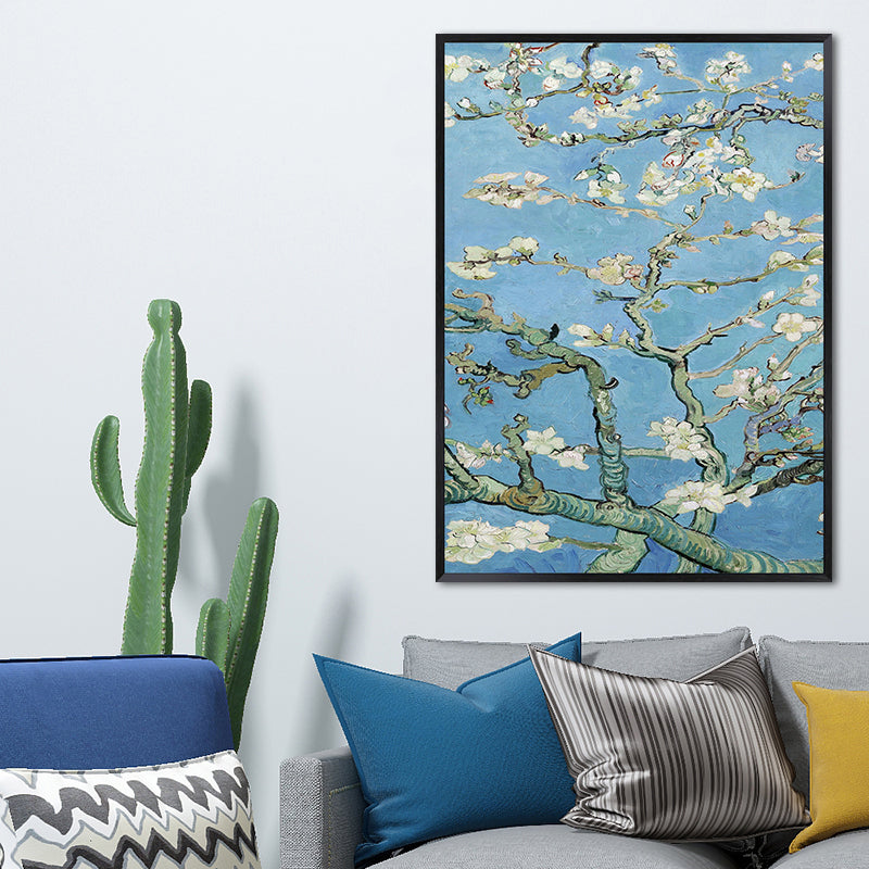 Blossoming Plum Branches Canvas Textured Country Living Room Wall Art Print in Blue Blue Design 2 Clearhalo 'Art Gallery' 'Canvas Art' 'Country Art Gallery' 'French Country' 'Rustic' Arts' 1657975