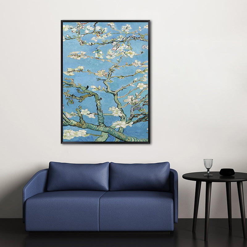 Blossoming Plum Branches Canvas Textured Country Living Room Wall Art Print in Blue Clearhalo 'Art Gallery' 'Canvas Art' 'Country Art Gallery' 'French Country' 'Rustic' Arts' 1657976