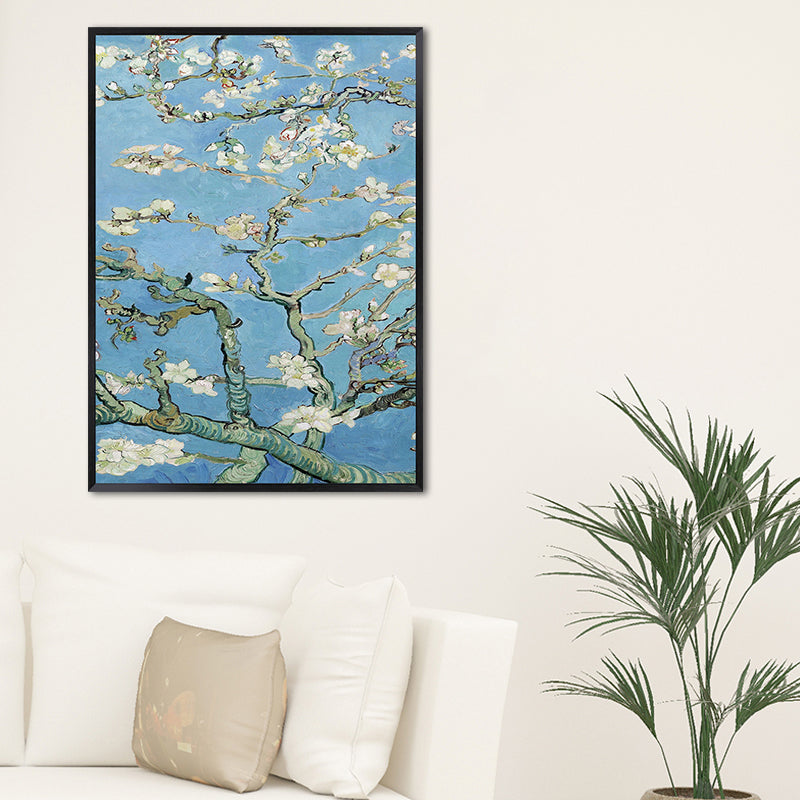 Blossoming Plum Branches Canvas Textured Country Living Room Wall Art Print in Blue Clearhalo 'Art Gallery' 'Canvas Art' 'Country Art Gallery' 'French Country' 'Rustic' Arts' 1657977