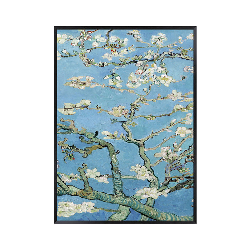 Blossoming Plum Branches Canvas Textured Country Living Room Wall Art Print in Blue Clearhalo 'Art Gallery' 'Canvas Art' 'Country Art Gallery' 'French Country' 'Rustic' Arts' 1657978