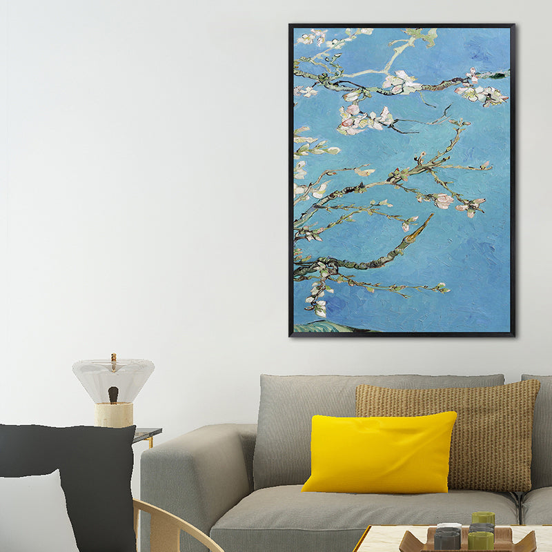 Blossoming Plum Branches Canvas Textured Country Living Room Wall Art Print in Blue Clearhalo 'Art Gallery' 'Canvas Art' 'Country Art Gallery' 'French Country' 'Rustic' Arts' 1657981