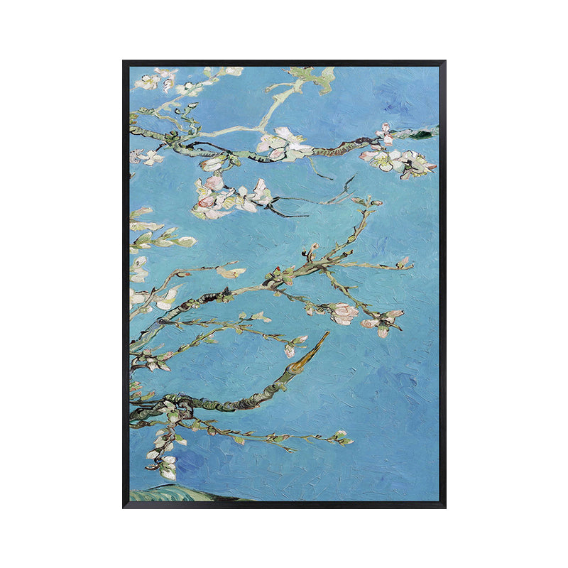 Blossoming Plum Branches Canvas Textured Country Living Room Wall Art Print in Blue Clearhalo 'Art Gallery' 'Canvas Art' 'Country Art Gallery' 'French Country' 'Rustic' Arts' 1657982