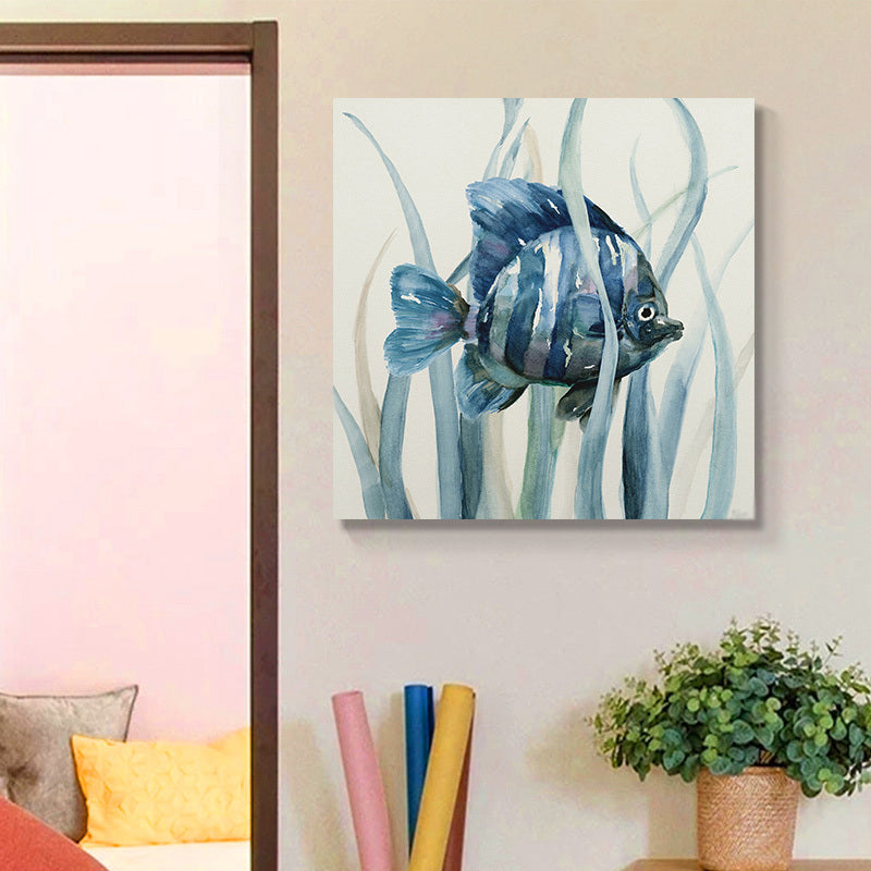 Tropical Fish Wall Art Print Canvas Textured Surface Blue Wall Decor for Kids Room Blue Design 1 Clearhalo 'Art Gallery' 'Canvas Art' 'Coastal Art Gallery' 'Nautical' Arts' 1657983