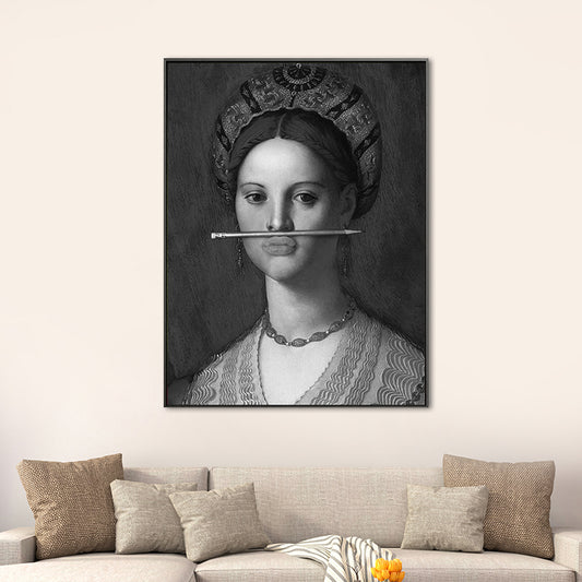 Funny Spoof Woman Portrait Art Print for Girls Room, Dark Color, Textured Surface Clearhalo 'Arts' 'Canvas Art' 1658089
