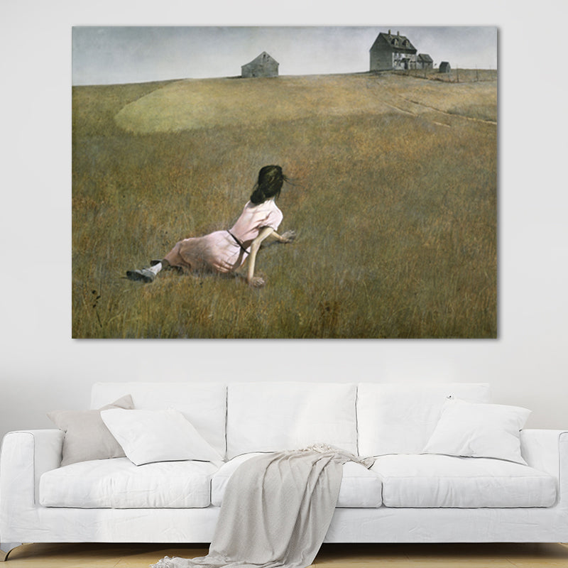 Woman on the Meadow Art Print Farmhouse Canvas Painting in Green for Living Room Clearhalo 'Art Gallery' 'Canvas Art' 'Country Art Gallery' 'French Country' 'Rustic' Arts' 1658150