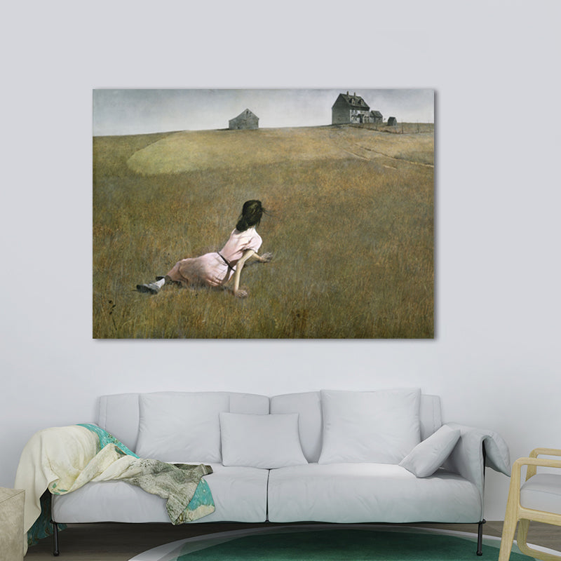 Woman on the Meadow Art Print Farmhouse Canvas Painting in Green for Living Room Clearhalo 'Art Gallery' 'Canvas Art' 'Country Art Gallery' 'French Country' 'Rustic' Arts' 1658151