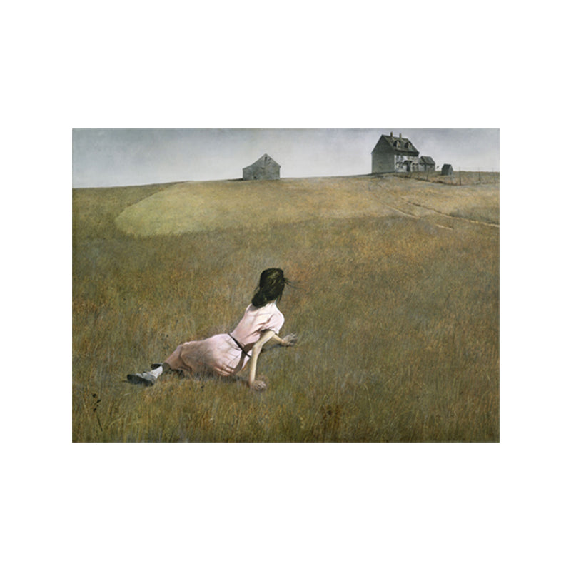 Woman on the Meadow Art Print Farmhouse Canvas Painting in Green for Living Room Clearhalo 'Art Gallery' 'Canvas Art' 'Country Art Gallery' 'French Country' 'Rustic' Arts' 1658152