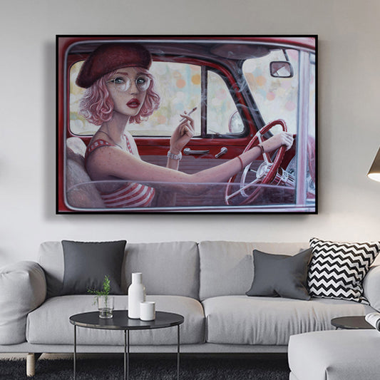 Red Girl Driving Car Painting Textured Surface Traditional Dining Room Wall Art Red Clearhalo 'Art Gallery' 'Canvas Art' 'Traditional' Arts' 1658157