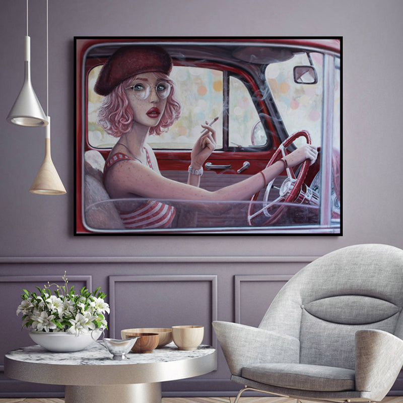 Red Girl Driving Car Painting Textured Surface Traditional Dining Room Wall Art Clearhalo 'Art Gallery' 'Canvas Art' 'Traditional' Arts' 1658158
