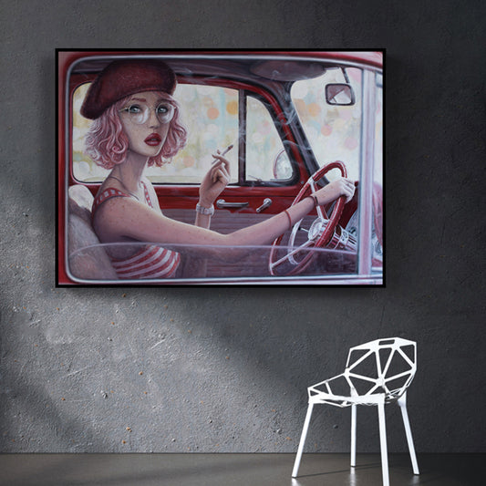 Red Girl Driving Car Painting Textured Surface Traditional Dining Room Wall Art Clearhalo 'Art Gallery' 'Canvas Art' 'Traditional' Arts' 1658159