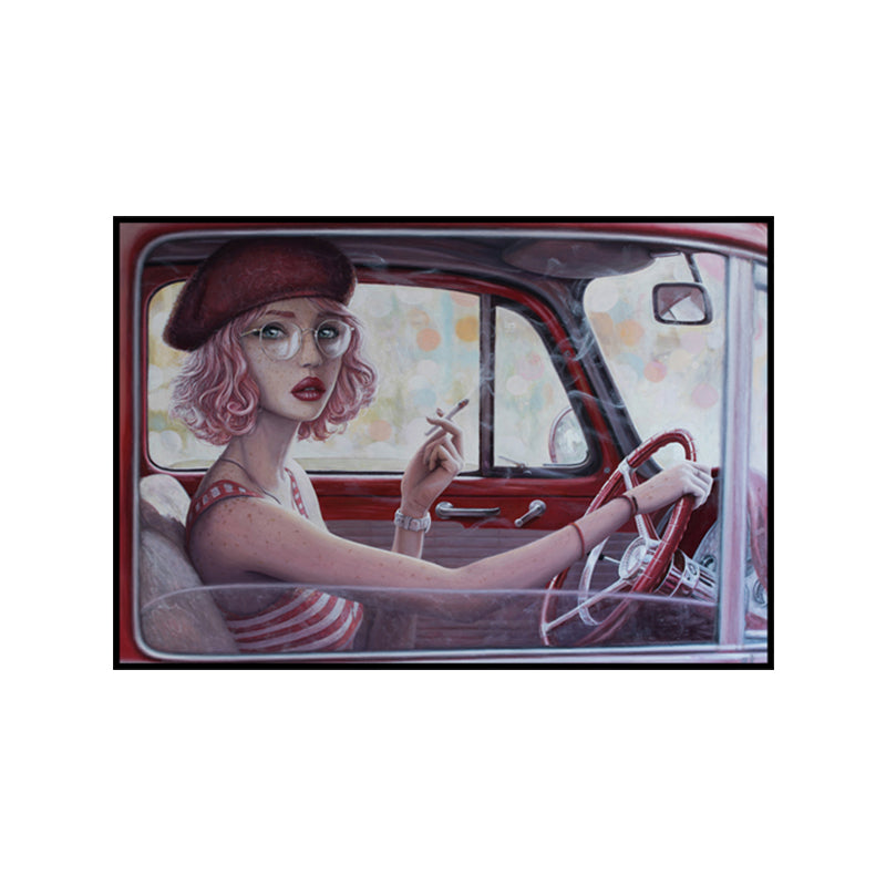 Red Girl Driving Car Painting Textured Surface Traditional Dining Room Wall Art Clearhalo 'Art Gallery' 'Canvas Art' 'Traditional' Arts' 1658160