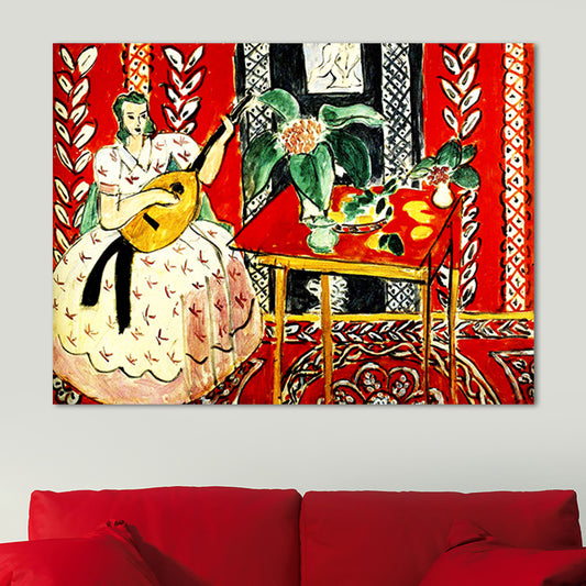 Henri Matisse the Music Painting in Red Canvas Wall Art Print for Bedroom, Textured Red Clearhalo 'Art Gallery' 'Canvas Art' 'Traditional' Arts' 1658191