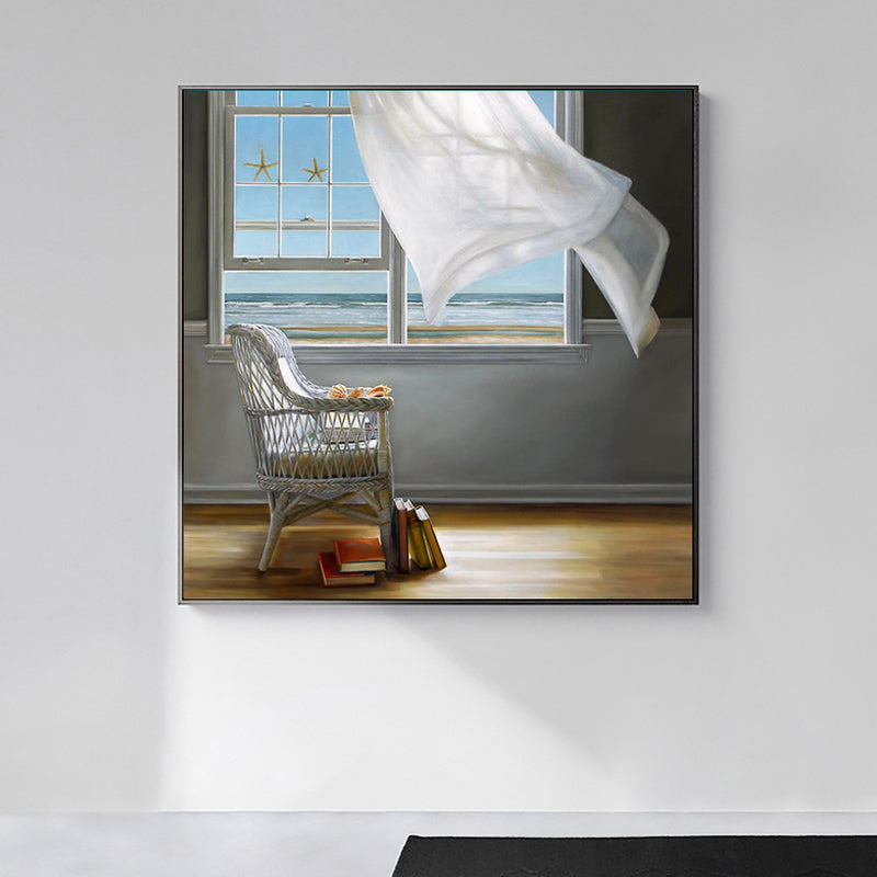 Cat and Window Painting Canvas Pastel Color Traditional Wall Art for Living Room Blue Clearhalo 'Art Gallery' 'Canvas Art' 'Traditional' Arts' 1658200