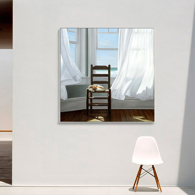 Cat and Window Painting Canvas Pastel Color Traditional Wall Art for Living Room White Clearhalo 'Art Gallery' 'Canvas Art' 'Traditional' Arts' 1658207