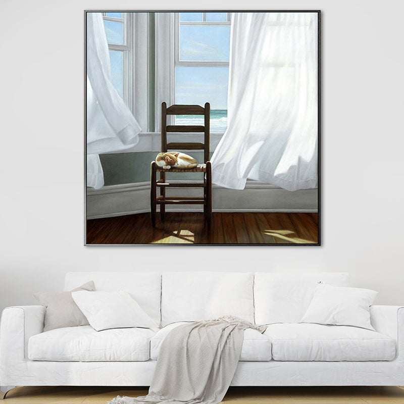 Cat and Window Painting Canvas Pastel Color Traditional Wall Art for Living Room Clearhalo 'Art Gallery' 'Canvas Art' 'Traditional' Arts' 1658208