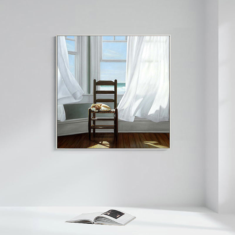 Cat and Window Painting Canvas Pastel Color Traditional Wall Art for Living Room Clearhalo 'Art Gallery' 'Canvas Art' 'Traditional' Arts' 1658209