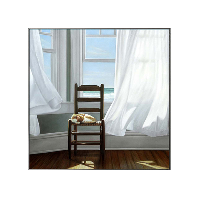 Cat and Window Painting Canvas Pastel Color Traditional Wall Art for Living Room Clearhalo 'Art Gallery' 'Canvas Art' 'Traditional' Arts' 1658210