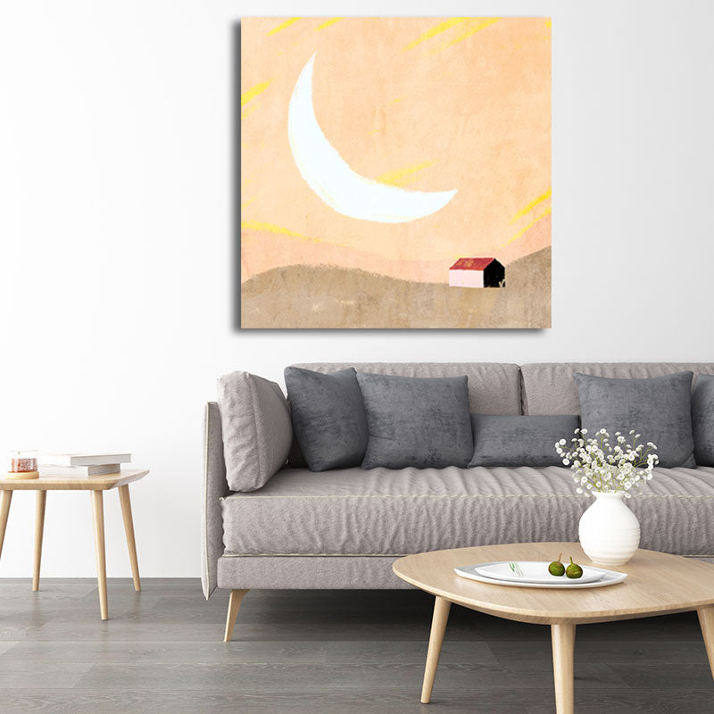 Moon Mountain Landscape Painting Childrens Art Textured Wall Decor in Pastel Color Yellow Clearhalo 'Art Gallery' 'Canvas Art' 'Kids' Arts' 1658260