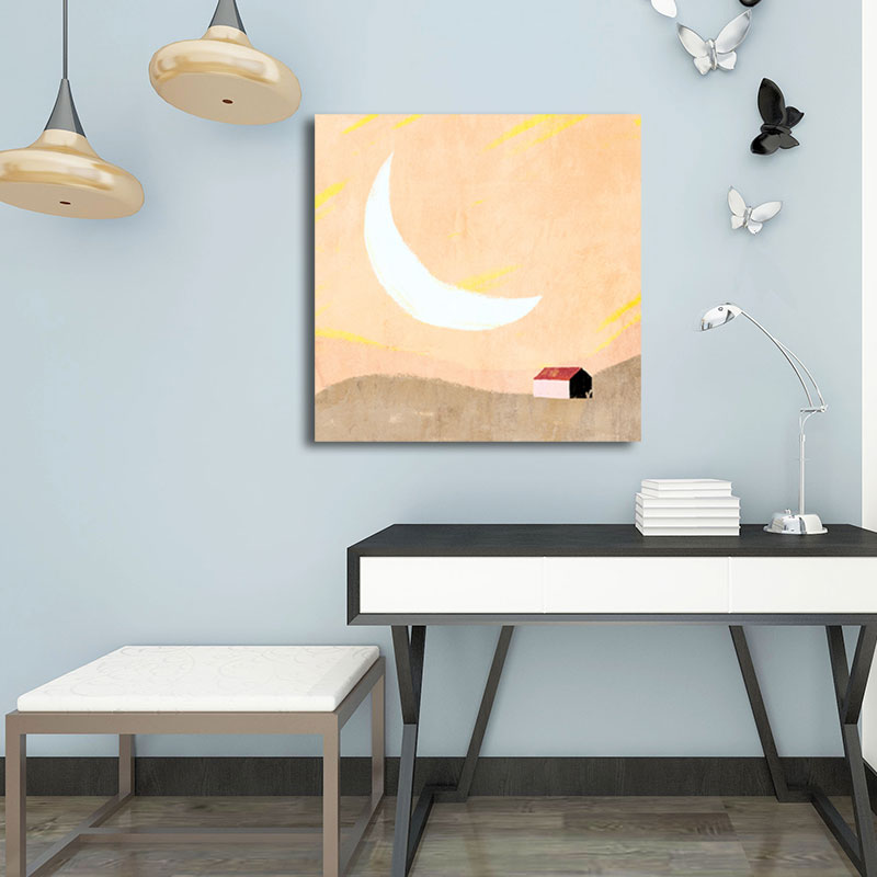 Moon Mountain Landscape Painting Childrens Art Textured Wall Decor in Pastel Color Clearhalo 'Art Gallery' 'Canvas Art' 'Kids' Arts' 1658262